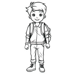 Handsome Outline Coloring Page: Full Body Shot of a School Boy for Kids