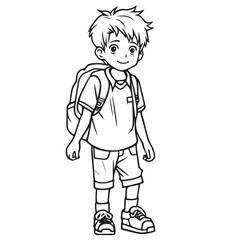 Handsome Outline Coloring Page: Full Body Shot of a School Boy for Kids