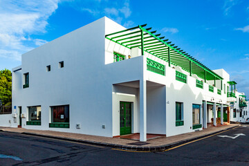 typical white painted house in Lanzarote, Spain