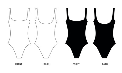 Set of fashion swimsuit patterns front and back view. A set of swimsuit patterns in white and black. Sketch of ladies swimwear patterns for designs.  - obrazy, fototapety, plakaty