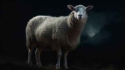 A sheep is standing in a field with a dark background.generative ai