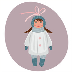 Christmas toy – a girl with pigtails in a warm fur coat, hat and felt boots. Christmas tree decoration in retro style. The concept of winter holidays and celebrations. Vector illustration.