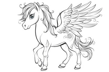 Children's coloring book, Pegasus on a white background. Generative ai.