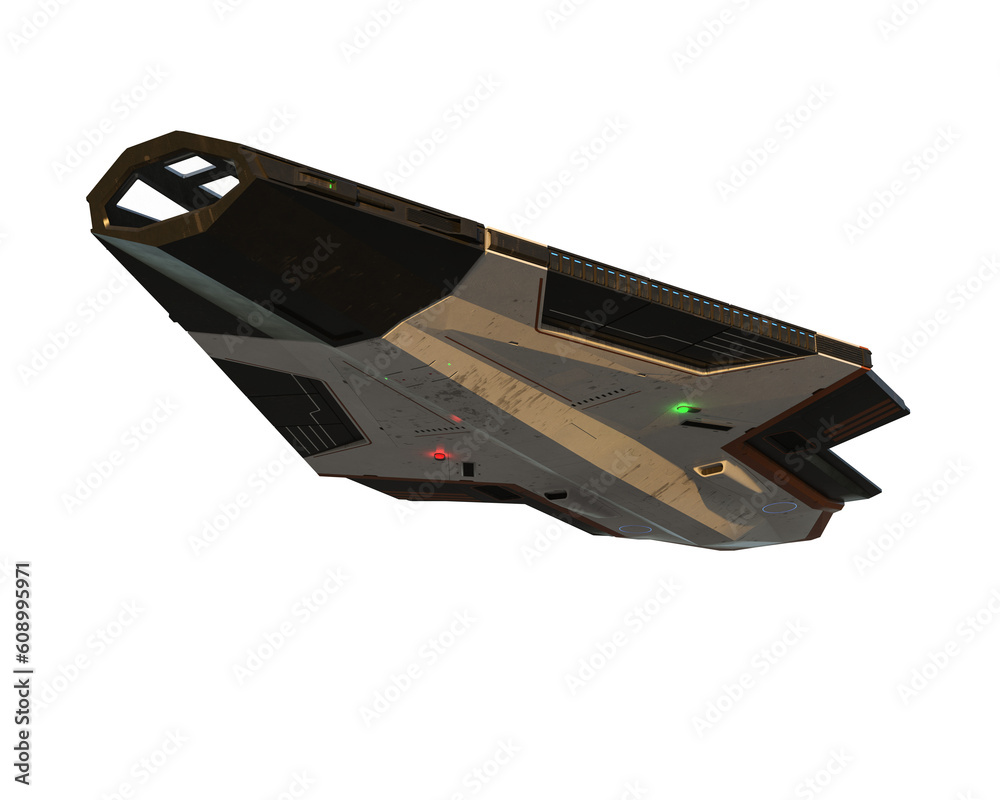 Poster Huge sci-fi fantasy space ship with large open docking bay at the front, flying overhead. 3D rendering isolated.