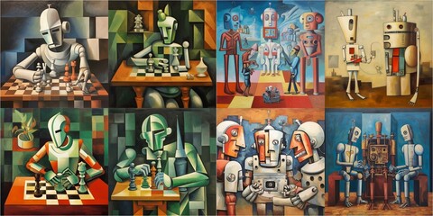 The painting is a commentary on the potential consequences of advanced technology. It features bold colors and abstract shapes. The use of robots demonstrates his interest in science fiction.