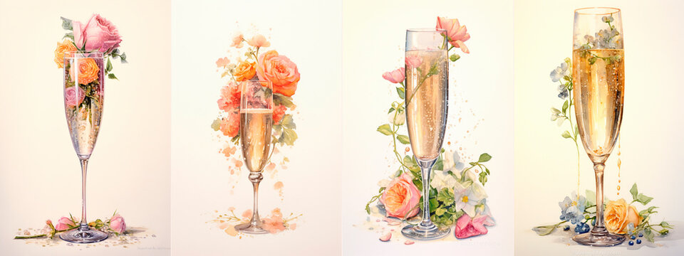 Artistic Watercolor Painting Of A Champagne Glass With Floral Accents Ideal For Home Decor. Gifts. Or Special Occasions Delicate And Elegant Design That Adds A Touch Of Sophistication To Any Space.