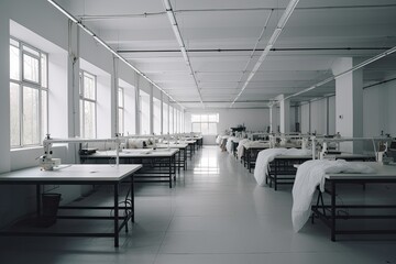 Naklejka na ściany i meble Large hall of a garment factory with jobs. Generative ai.