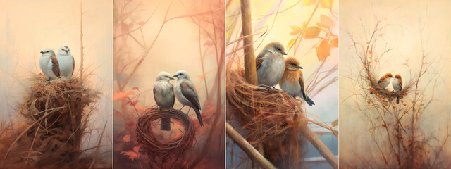 The illustration shows two birds building a nest together Soft lighting and background create a peaceful atmosphere. The focus is on animals Neutral color scheme provides versatility across platforms