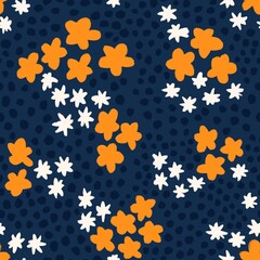 Fototapeta na wymiar Hand drawn seamless pattern with orange dark blue navy flower floral elements, ditsy summer spring botanical nature print, bloom blossom stylized petals.