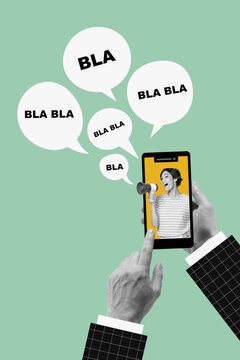 Vertical advertisement instagram stories video reels phone display chatterbox girl hold loudspeaker bla blah isolated on green background