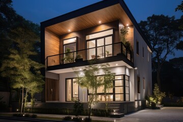 Luxurious mansion at night with illumination. Generative ai.