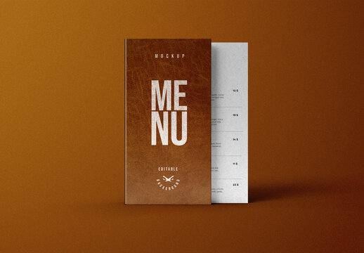 Menu Mockup &ndash; Modern Brown Cover with Inside Page Display on Warm Gradient Background