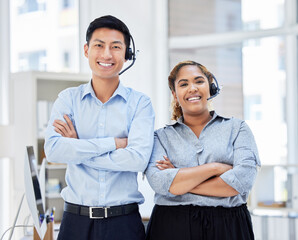 Call center, portrait and team smile together in office with headset for telemarketing sales. Diversity workplace for man and woman agent with arms crossed for customer service or contact us support
