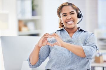 Callcenter agent, woman with smile and heart hands in portrait, love customer service job and...