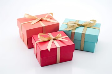 Obraz premium Three multi-colored gifts in boxes with bows on a white background. Generative ai.