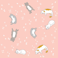 Cute and sleeping cats doodle vector set. Cartoon cat or kitten characters design collection with flat color in sleeping poses. Set of purebred pet animals isolated on pink background.