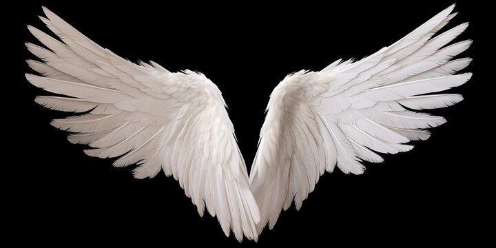 Two beautiful white wings for design on a black background. Generative ai.