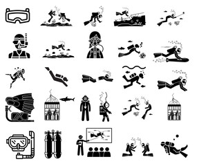 Scuba diving icon set. Included the icons as underwater, scuba diver, mask, fins, regulator, wetsuit and more.