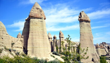 Turkiye,Goreme, positioned between the rock formations called fairy chimneys, between valleys and rock churches. Declared a UNESCO World Heritage Site