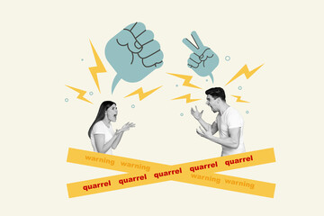 Photo collage minimal picture of furious aggressive couple having quarrel isolated beige color...