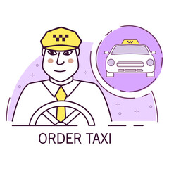 Taxi driver.Yellow taxi.Taxi order icon.Outline vector illustration.Isolated on white background.