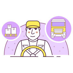 Driver with lorry icon. Delivering services transportation and trucking.Transport industry trucking.Lorry drivers.Courier  package.Delivery man.Isolated white background.Outline vector illustration.