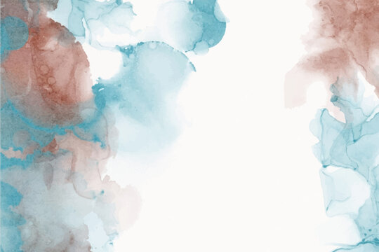 Artistic, abstract blue, turquoise, brown watercolor background with splashes with mist fog effect