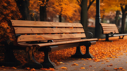 Brown wooden bench, two brown wooden slatted benches, fall, leaves cyberpunk generative AI