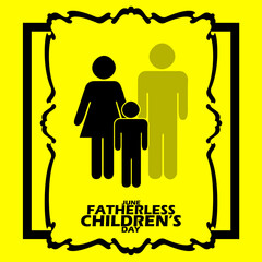 Icon symbol of a mother with a child and a father in faded colors due to the figure being absent with frame and bold text on yellow background to commemorate National Fatherless Children’s Day on June