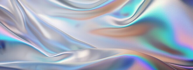 Silk shiny white fabric texture banner in pastel iridescent holographic colors. Abstract texture horizontal copy space background. 3d render Generative AI