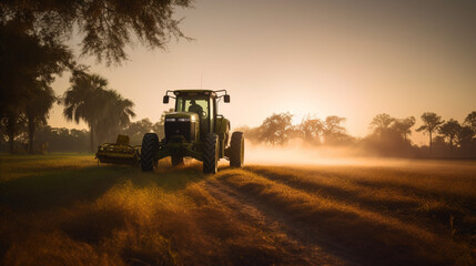 Fototapeta premium serene beauty of a sunset on a plantation field as a tractor sprays pesticides, ensuring the health and vitality of the crops, serene beauty of a sunset on a plantation field as a tractor sprays pesti