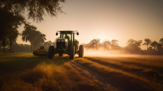 serene beauty of a sunset on a plantation field as a tractor sprays pesticides, ensuring the health and vitality of the crops, serene beauty of a sunset on a plantation field as a tractor sprays pesti