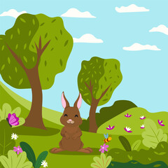 Spring summer illustration with cute bunny and green landscape