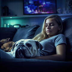Girl on the sofa asleep with his cute dog