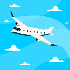 The illustration is depicted flying in the clouds