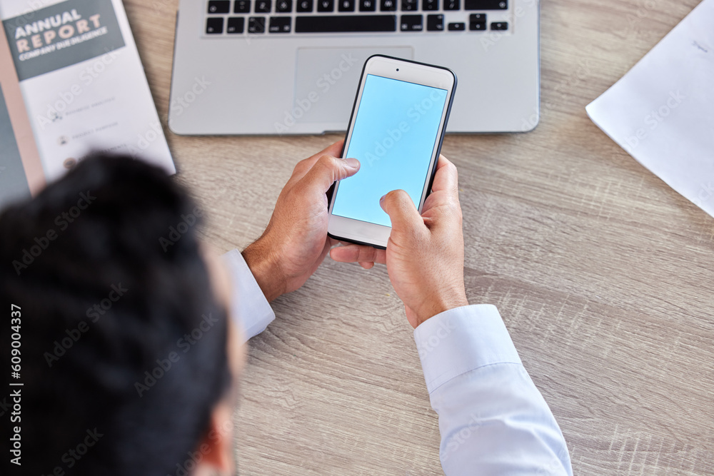 Poster businessman, hands and phone screen above for social media, communication or networking at the offic