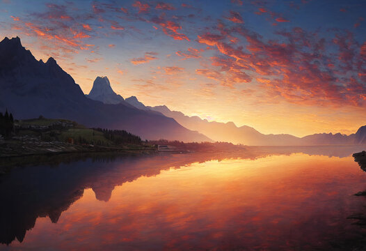 stunning swiss landscape with mountains at sunrise made with Generative AI