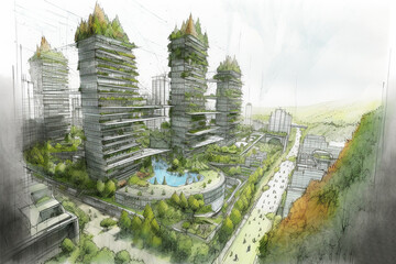 Obraz premium Sketch of a Sustainable Residential Complex: Rooftop Gardens and Vertical Greenery made with Generative AI