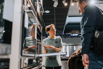 Customer looking at microwave oven while saleswoman assisting in electronics store