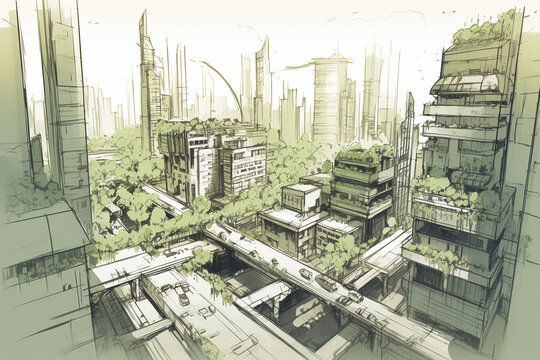 Sketch of a futuristic Sustainable City made with Generative AI