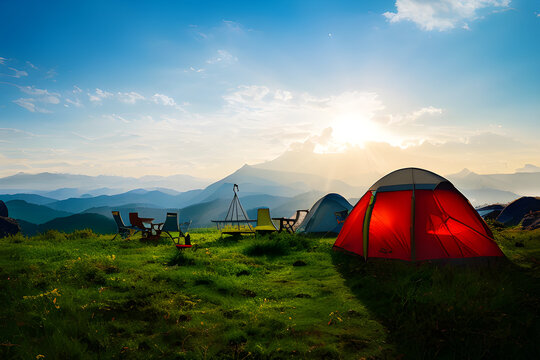 Tents and campsite at the top of the mountains overlooking the scenic landscape outdoors Generated Ai