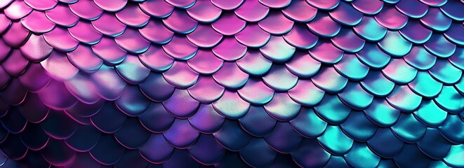 Holographic metal creative background with geometric pattern. Ultra violet neon light holographic trendy mermaid texture banner. Stylized snake or fish or mermaid scales © Artem