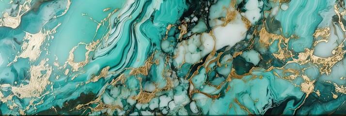 Marble effect background. Acrylic Fluid Art. Dark green waves in abstract ocean and golden foamy waves. Blue creative colors Generative AI
