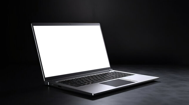 Laptop computer mock-up with cut out screen on black minimalist workplace. Copy space. Based on Generative AI