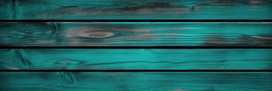 Top view of decorative rustic turquoise wooden background with horizontal planks. Shabby wood teal or turquoise green painted. Vintage beach  backdrop Generative AI