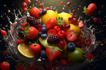 A fruit splash on a dark isolated background.