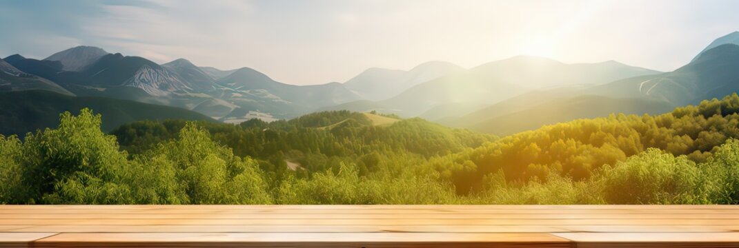 Wooden table terrace with backdrop garden plantation against the sky and the mountains background. Product photo display. Photomontage composition Generative AI
