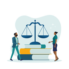 Scenes of law and justice Legal advice concept. Flat cartoon vector illustration. The guy and the girl on the background of books and scales of justice.
