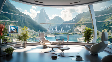 Generative ai illustration of sci-fi futuristic interior design with large windows