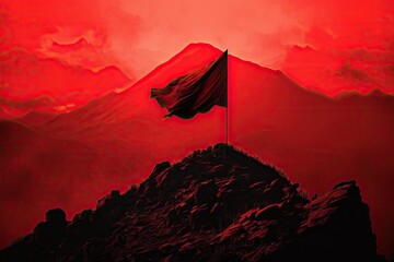 red flag silhouetted against the setting sun, on top of a mountain peak, created with generative ai - obrazy, fototapety, plakaty